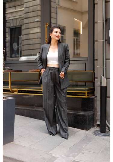 4 Düğmeli Kruvaze Geniş Çizgili Takım Antrasit Antrasit