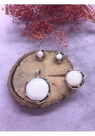 Nsa Gümüş Sedef Taşlı 925 Ayar Doğal Taş El İşi Gümüş Set