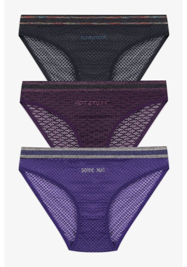 Kadın 3'lü Dantelli - Baskılı Külot 20820 Siyah - Lila - Beyaz