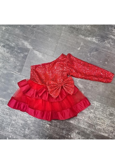 Mashotrend Kırmızı Payetli Kurdelalı Tek Omuz Abiye - Çocuk Abiye Kırmızı