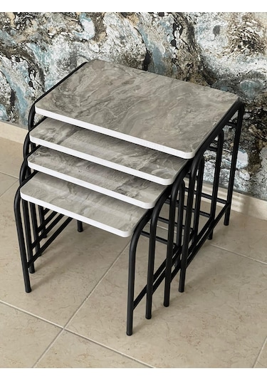 Aslanstore 4'Lü Metal Zigon Sehpa Gri Mermer