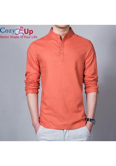 Rahat Up Polo Gömlek Erkekler Moda Uzun Kollu Mandarin Yaka Gömlek Erkek Rahat Keten Gömlek Adam Artı Beyaz Turuncu