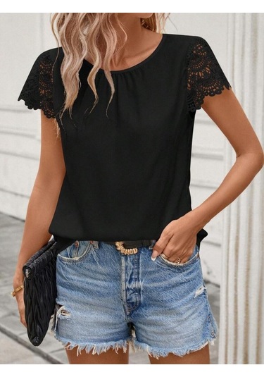 Munn Collection Kadın Kısa Dantel Kollu Bisiklet Yaka Sandy Bluz Siyah