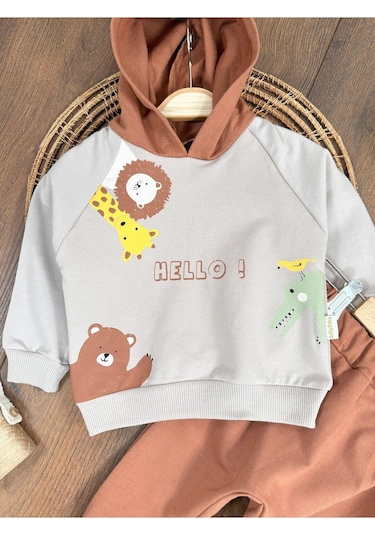 Baby Waka Zürafa&aslan Baskılı Kapüşonlu Erkek Bebek Alt Üst Takım Kahve