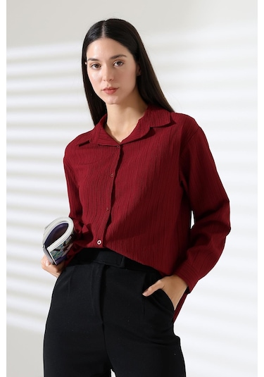 Ribana Regular Fit Uzun Kollu Durres Dokulu Kadın Gömlek Bordo Ribana Regular Fit Uzun Kollu Durres Dokulu Kadın Gömlek Bordo