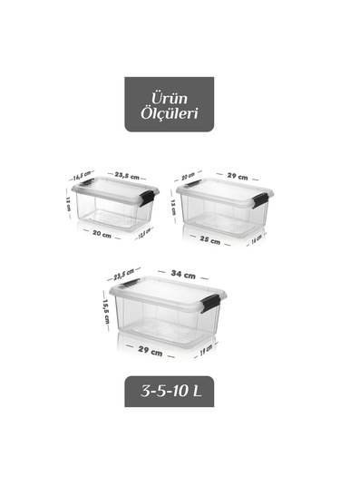 3'lü Kilit Kapak 3-5-10 Lt Erzak Saklama Kabı Çok Amaçlı Düzenleyici Kutu Deterjan Un Bakliyat Kabı Şeffaf
