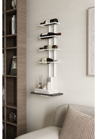 Aju Şaraplık Ve Kadeh Rafı Duvara Monte Şarap Mahzeni Modern Duvar Alkol Rafı Metal Ve Ahşap Tasarım Beyaz