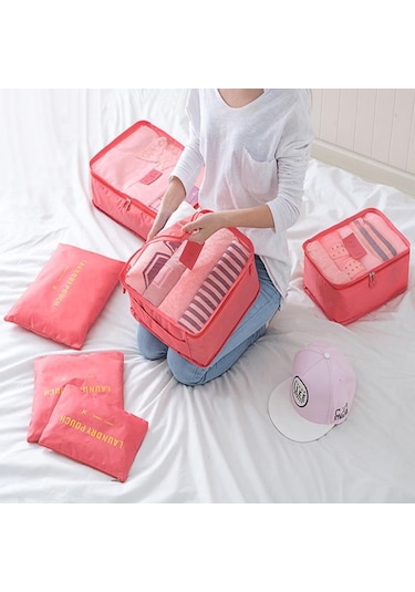 Pembe 6 Adet Set Seyahat Bavul Organizatör Çanta Bagaj Ambalaj Küpleri Seyahat Organizatör Depolama Ayakkabı Elbise Bagaj Organizatör Çanta Pembe