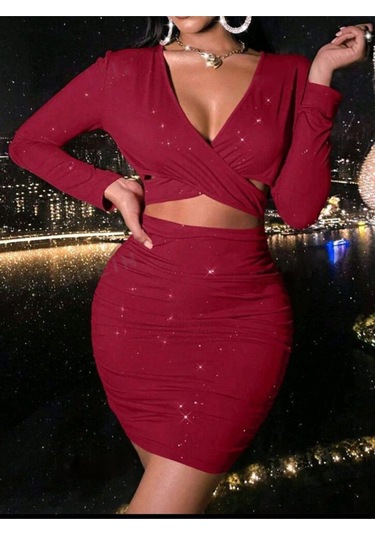 Simli Kruvaze Kesim Uzun Kollu Göğüs Dekolteli Mini Bodycon Elbise Kırmızı