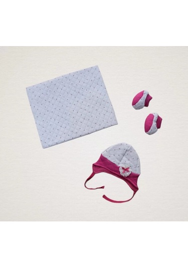 Yenidoğan Baskılı Double Face Şapka Ve Patikli 3lü Bebek Battaniye Takımı Fuşya Çok Renkli