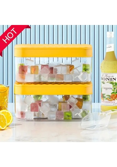2 Parçalı Silikon Buz Tepsisi, Buz Küpü Filmi Ve Tepsisi Seti 28 Izgaralı Pp Buz Tepsisi Ev Tipi Buz Yapma Kapaklı Saklama Kutusu Sarı-büyük Boy Sarı