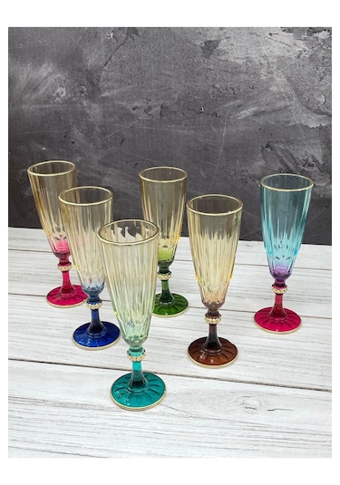 6 Lı Çift Renkli Cam Ayaklı Kahve Yanı Su Bardağı Bardak 180ml Çok Renkli
