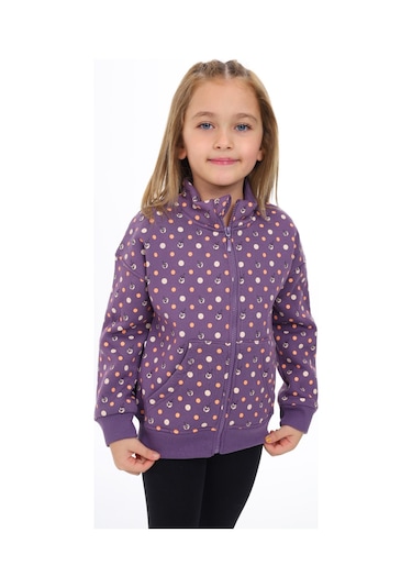 Toontoy Kız Çocuk Dik Yaka Fermuarlı Cepli Düşük Omuz Baskılı Örme Hırka - 2 İplik Şardonlu Mor
