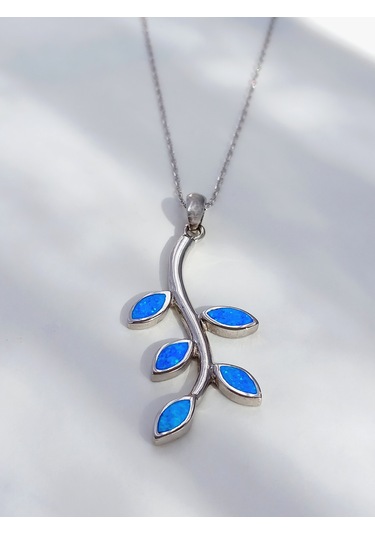 Keskin Gümüş Mavi Opal Taşlı Yaprak Tasarım Kadın Gümüş Kolye