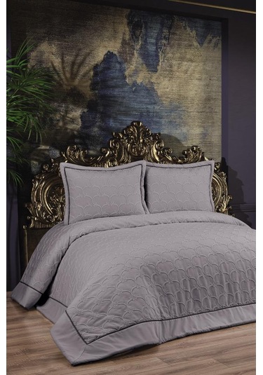 Daye Dolgulu Şönil Çift Kişilik Yatak Örtüsü Gri Gri