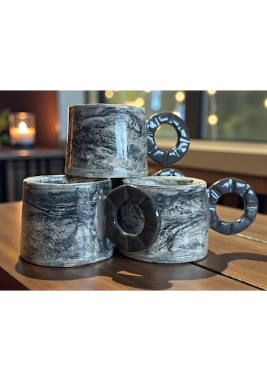 3'lü Nerikomi El Yapımı Stoneware Fincan Siyah - Beyaz