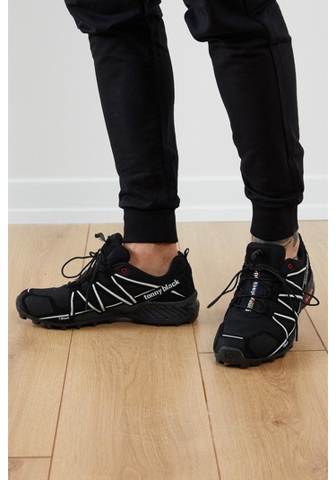 Rahat Kalıp Şeritli Lastik Bağcıklı Erkek Siyah Beyaz Trekking Ayakkabı Tb160-0 Siyah Beyaz