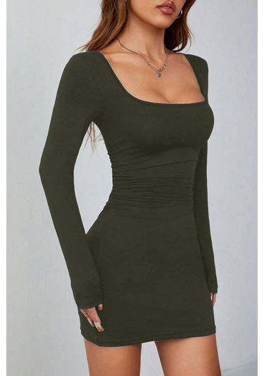 Kadın Uzun Kollu Kare Yaka Iç Göstermeyen Mini Elbise Çok Renkli