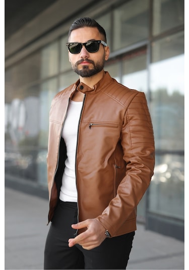 Erkek Taba Dar Kesim Deri Ceket Taba