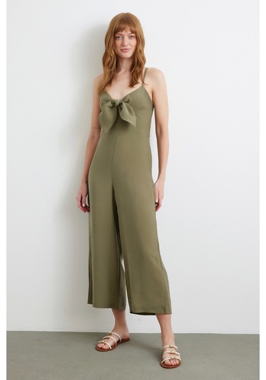 Nevermore Fiyonklu Askılı Tulum Haki Haki