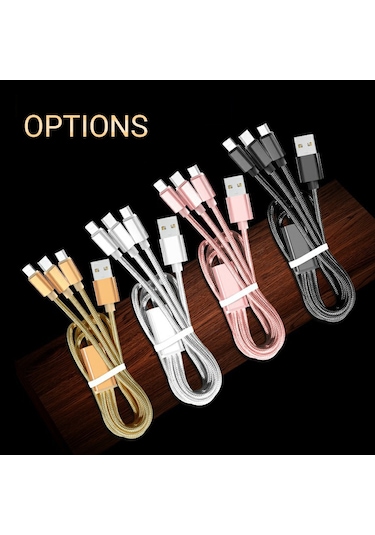 Hombey 3 Cihazı Aynı Anda Şarj Edebilen 1 Metre Uzunlukta 2a Type-c/lightning/micro Usb Altın Nylon Kablosu Kutu Paketli