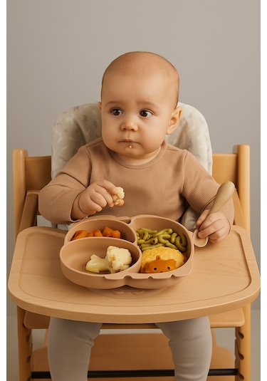 3'lü Silikon Bebek Beslenme Seti / Bölmeli Mama Tabağı / Mama Kasesi / Bebek Bardağı- Moka Mocca