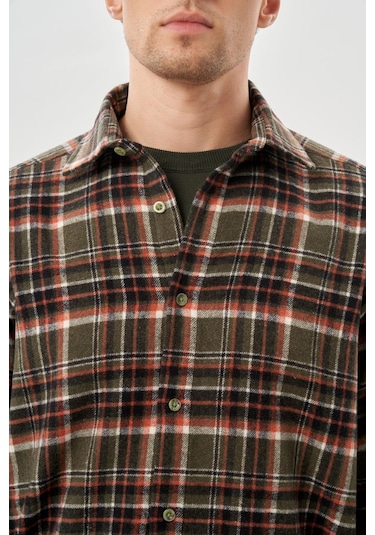 Haki Yünlü Ekose Desen Yumuşak Yaka Cepsiz Uzun Kol Casual Comfort Fit Gömlek 1004245227 Haki