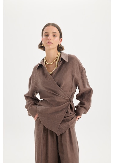 Mai Collection Mai Studios Co. Yovena Düğme Detay Kahve Oversize Gömlek Kahve