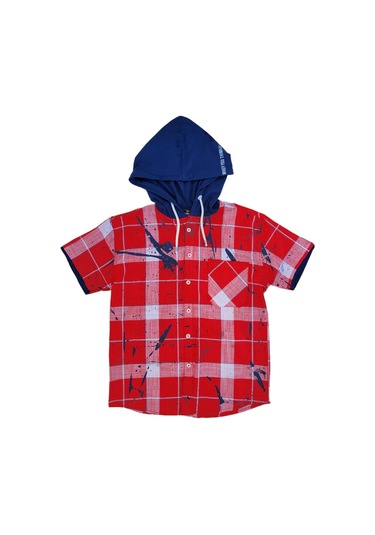 Erkek Çocuk Kapüşonlu Kareli Kısa Kollu Tasarım Gömlek-12523 Kırmızı