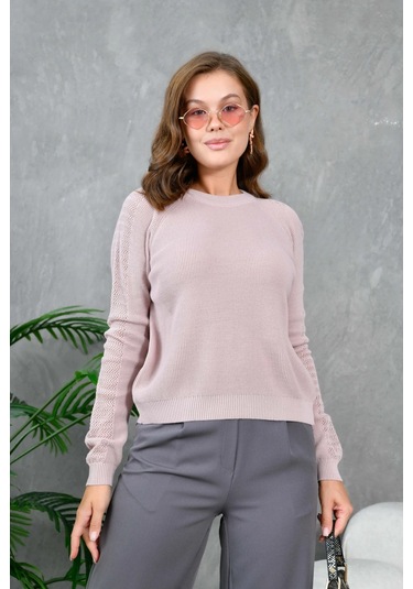 Kadın Bisiklet Yaka Kolları Ajurlu Basic Triko Kazak Pudra