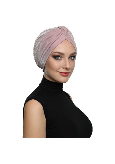 Simli Pike Çapraz Bantlı Astarlı Pudra Hazır Türban Tesettür Bone Abiye Pudra