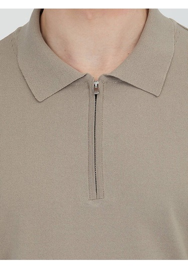 Açık Vizon Polo Yaka Düz Örgü Triko Kazak Vizon