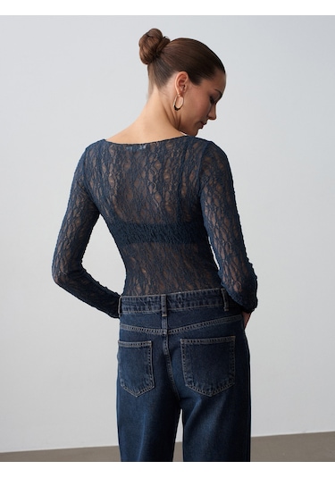 Dilvin 32764 Kayık Yaka Dantel Top-indigo İndigo