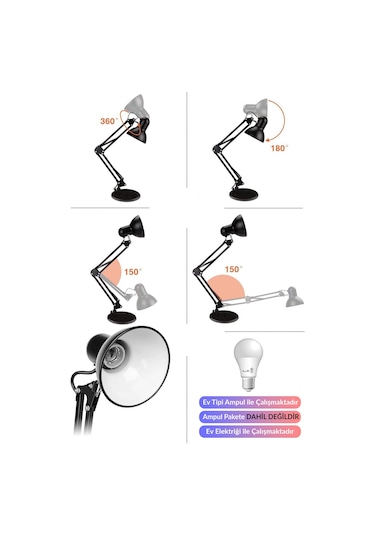 2li Set Masa Lambası + Kronometreli Öğrenci Saati Akrobat Metal 360 Çalışma Masası Lambası Siyah Siyah