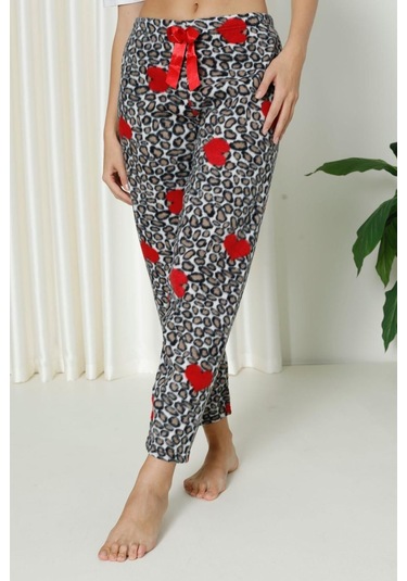 Luxury Soft Welsoft Polar Desenli Kurdeleli Kışlık Pijama Altı Pantolon Leopar Çok Renkli