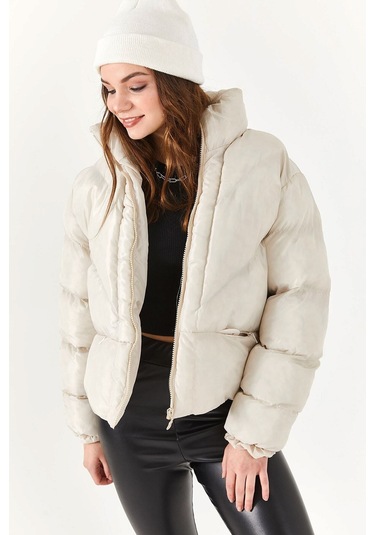 Alisse-kadın Taş Dik Yaka Kısa Şişme Mont Taş