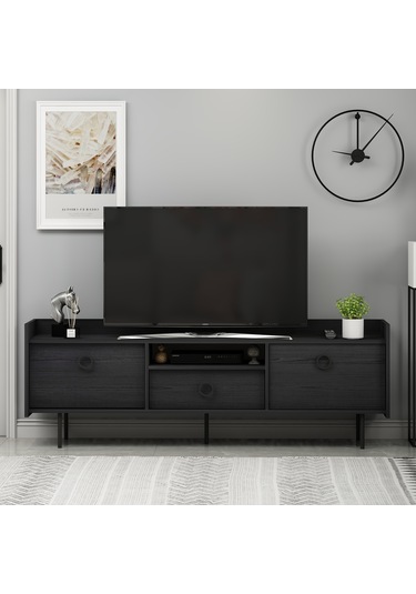 T0015 Lidya Kapaklı, Açık Raflı Tv Sehpası - Ahşap Siyah Ahşap Siyah