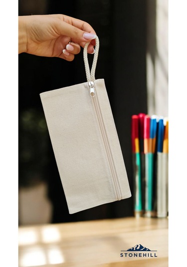 Kalem Çantası, %100 Pamuk Kanvas Bez, Minimalist Tasarım, 23x12 Cm Krem