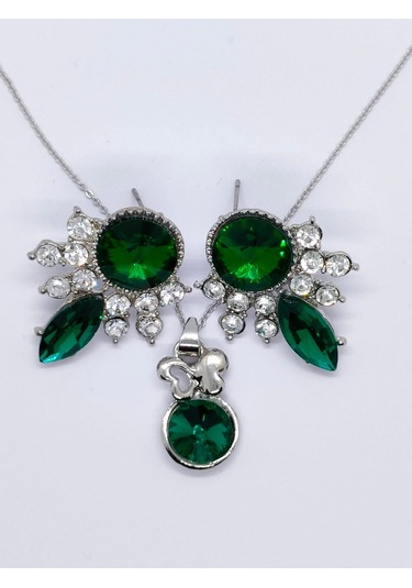 Sapphire Store Gümüş Renk Yeşil Taşlı Kolye Küpe Seti Gümüş