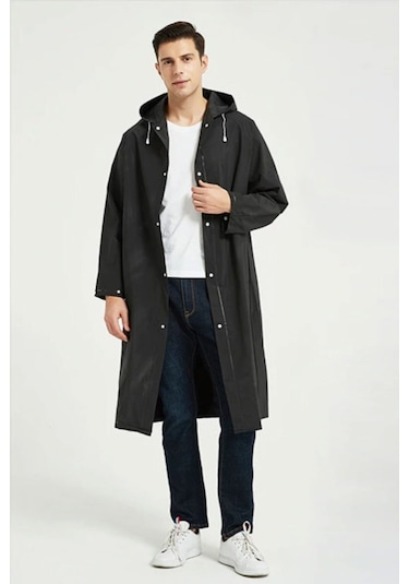 Unisex Kadın Ve Erkek Yağmurluk %100 Eva Çıtçıtlı Kapüşonlu Siyah