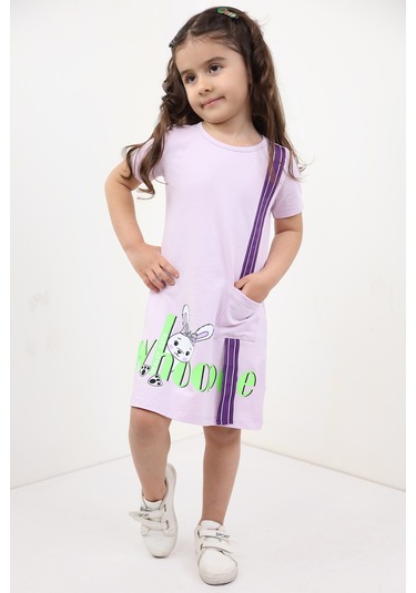 Toontoy Kız Çocuk Cepli Şeritli Tavşan Baskılı Elbise Açık Lila
