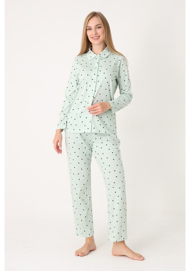 Nbb Kadın Yeşil Polka Dot Önden Düğmeli Pijama Takım YESIL
