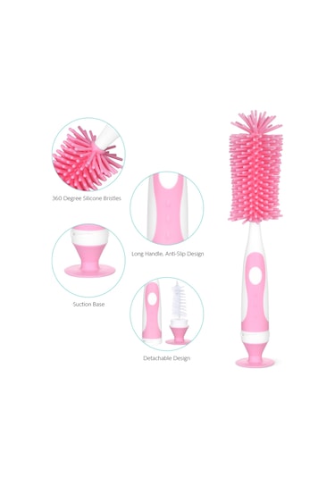 Neevoyu Bebek Biberon Fırçası Silikon 360 Derece Döner Bardak Temizleyici Süspansiyon Tabanlı Pembe Qj08