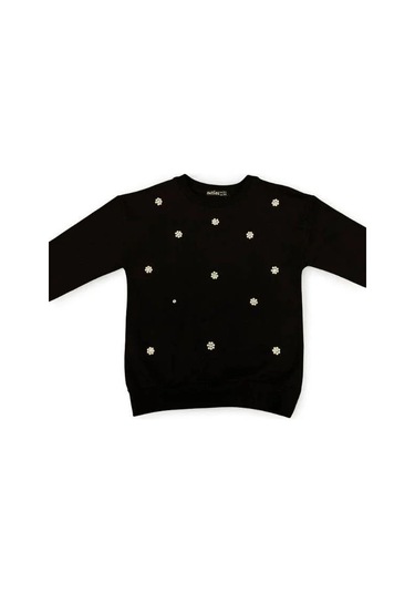 Kız Çocuk Pamuklu İnci İşlemeli İnce Sweatshirt-15007 Siyah