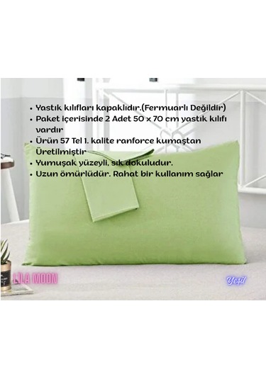 Yeşil Renkli Pamuklu Ranforce Kumaştan Yastık Kılıfı 2 Adet Yeşil