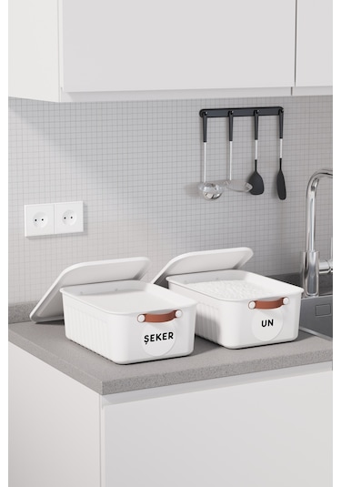 2 Li Bakliyat Erzak Saklama Kabı Un Şeker Saklama Kutusu Kapaklı Kulplu Plastik Saklama Kabı Beyaz