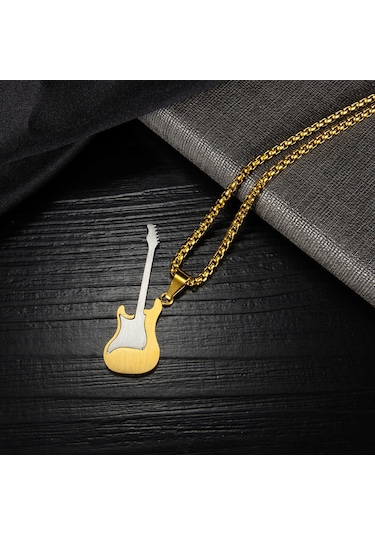 Relaxed Kişiselleştirilmiş Moda Avrupa Ve Amerikan Hip-hop Paslanmaz Çelik Gitar Kolye Titanyum Çelik Kolye-altın -inci Tel 3 55cm Altın