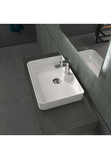 Mestola Tezgah Üstü Kare Çanak Lavabo Batarya Delikli 60 X 42 Cm Beyaz