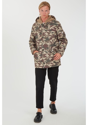 Sposo 1738 Su Itici Kumaş , Kapşonlu Kahveli Kamuflaj Erkek Kaban Yeşil - Kahverengi