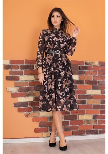 Neşeli Butik Kadın Siyah Kemerli Çiçek Desenli Şifon Elbise Ry0031 Siyah
